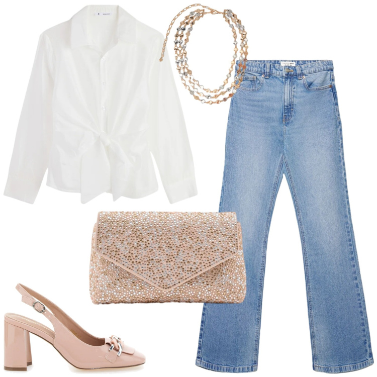 Outfit donna - Jeans per occasioni speciali. Stile Glamour per Cerimonia. look ideale per Tall. Abbinamento con camicie, jeans bootcut, collane, pochette, décolleté.