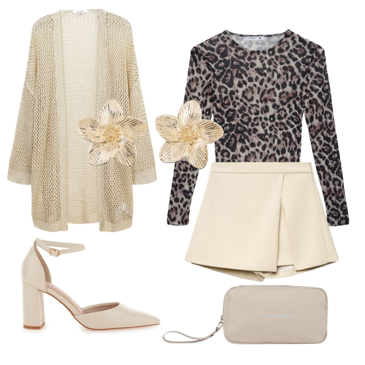 Outfit donna - Animalier elegant chic. Stile Sexy per Serata fuori. Abbinamento con orecchini, t-shirt, gonne, kimono, valigie, décolleté.