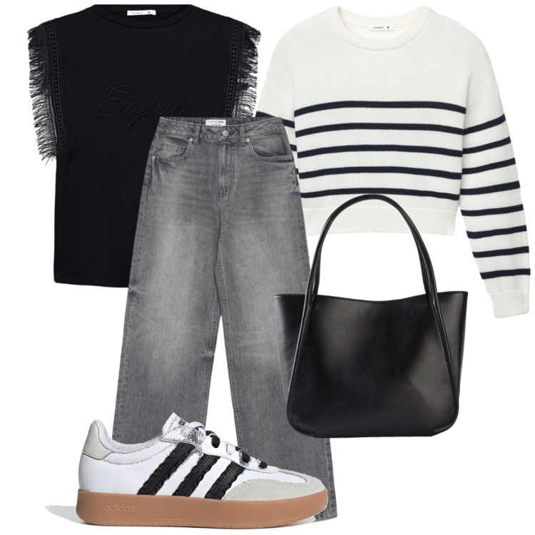 Outfit donna - Look casual. Stile Casual per Tutti i giorni. Abbinamento con shopping bag, t-shirt, maglieria, jeans, sneakers.