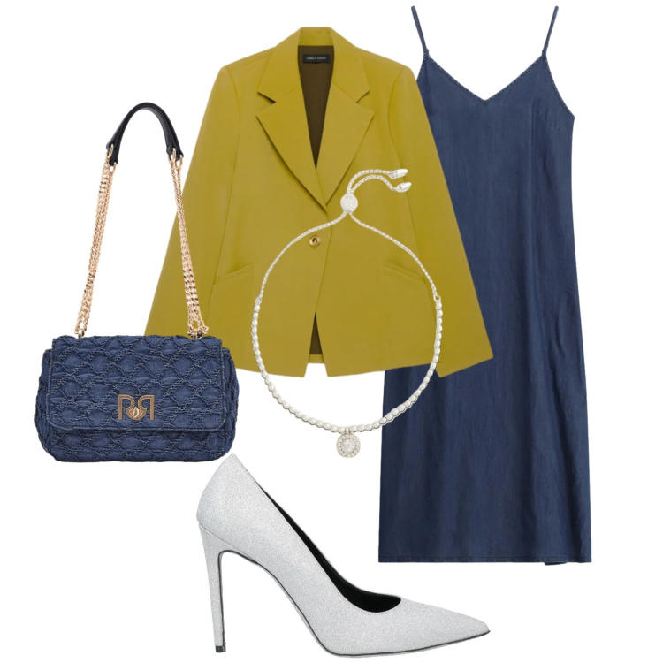 Outfit donna - Curve in movimento. Stile Chic per Serata fuori. Abbinamento con décolleté, blazer, vestiti midi/longuette, borse a spalla, braccialetti.