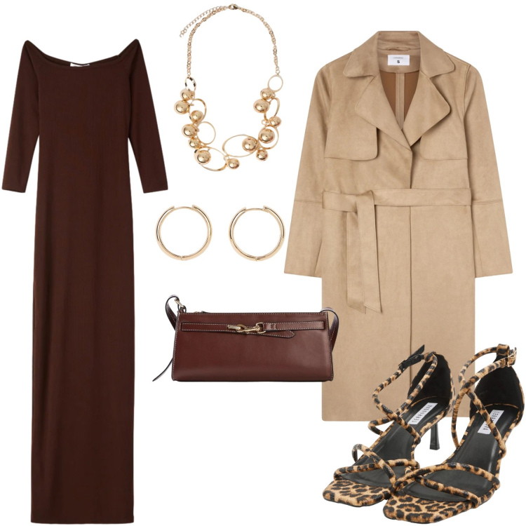 Outfit donna - In due. Stile Casual per Serata fuori. Abbinamento con orecchini, borse a tracolla, vestiti lunghi, sandali col tacco, trench, collane.