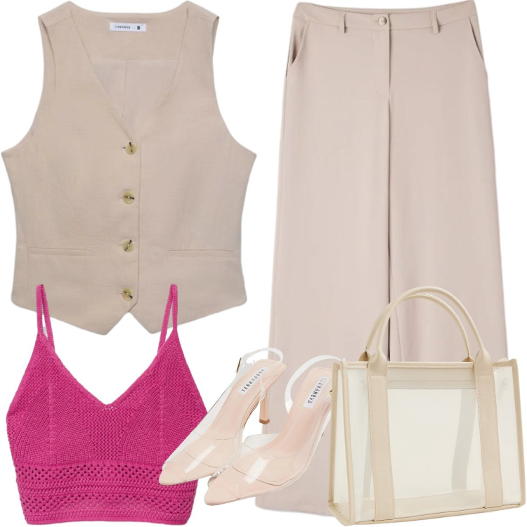 Outfit donna - Gilet toni neutri e fucsia #040504. Stile Glamour per Ufficio. Abbinamento con gilet, top, borse tote, sandali col tacco, pantaloni.