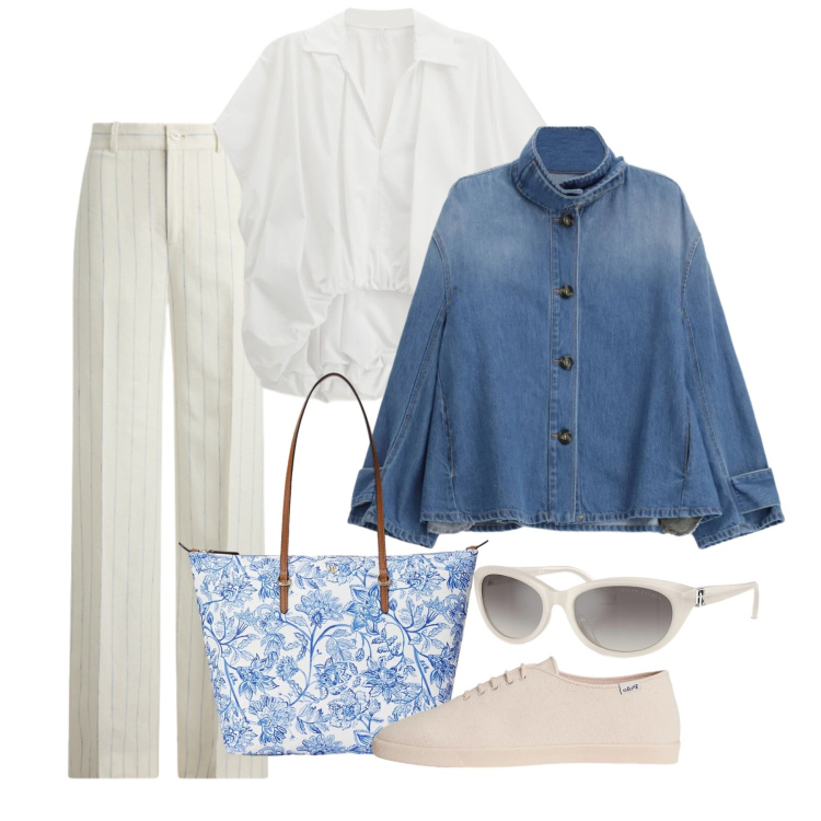 Outfit donna - Light as Cloud. Stile Basic per Tutti i giorni. Abbinamento con blazer, camicie a manica corta, sneakers, pantaloni, borse tote, occhiali da sole.