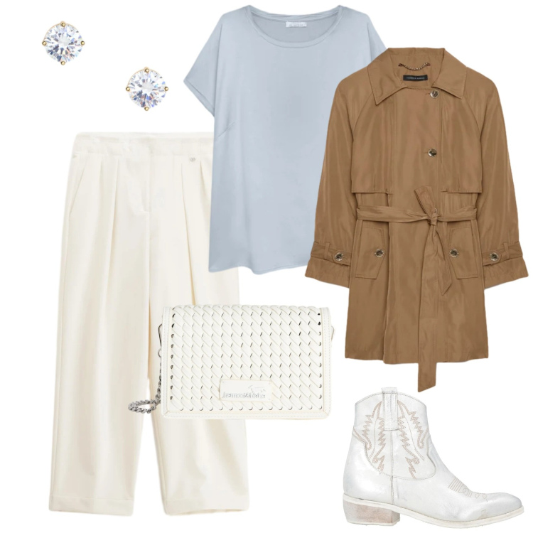 Outfit donna - Curve in movimento. Stile Casual chic per Tutti i giorni. Abbinamento con stivaletti texani, t-shirt, trench, pantaloni, borse a tracolla, orecchini.
