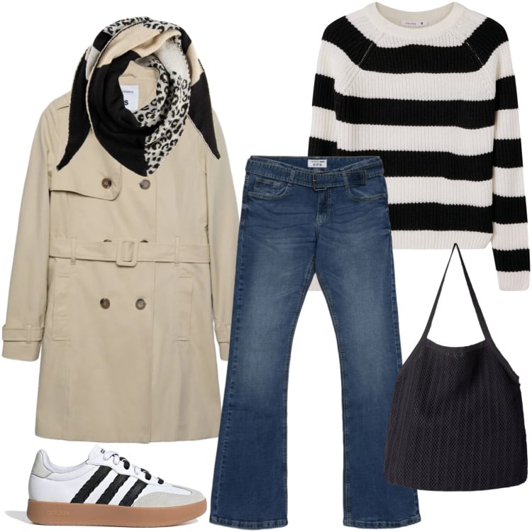 Outfit donna - Total look #2377403. Stile Casual per Tutti i giorni. Abbinamento con foulard, jeans a zampa, maglieria, trench, shopping bag, sneakers.