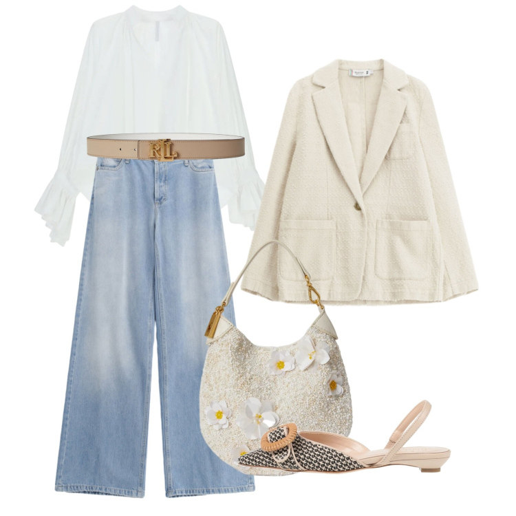 Outfit donna - Light as Cloud. Stile Chic per Tutti i giorni. Abbinamento con ballerine, blazer, jeans, camicie, pochette, cinture.