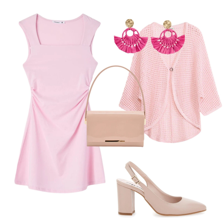 Outfit donna - Spring rose. Stile Chic per Serata fuori. Abbinamento con orecchini, cardigans, vestiti corti, pochette, décolleté.