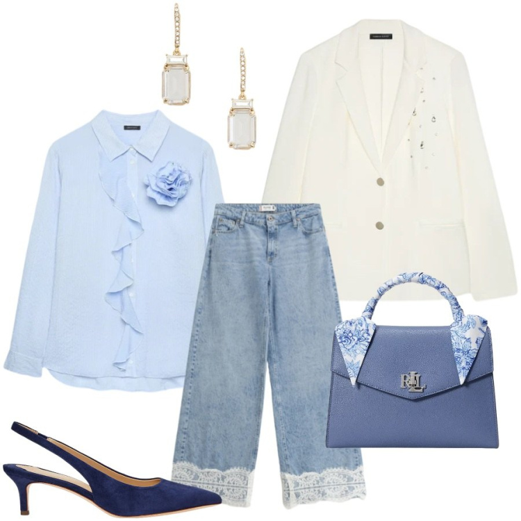 Outfit donna - Primavera con stile. Stile Romantica per Cerimonia. Abbinamento con camicie, blazer, jeans, décolleté, orecchini, borse a mano.