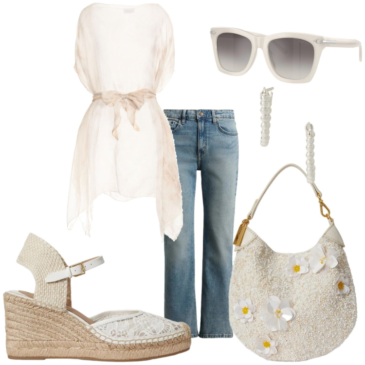 Outfit donna - La giornata è andata. Stile Trendy per Tutti i giorni. Abbinamento con top, orecchini, occhiali da sole, jeans dritti, espadrillas, pochette.