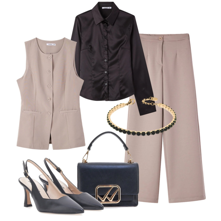 Outfit donna - Completo color fango. Stile Glamour per Ufficio. Abbinamento con camicie, gilet, pantaloni, braccialetti, borse a tracolla, décolleté.