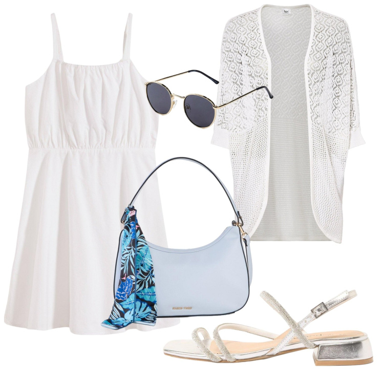 Outfit donna - Bianco e azzurro di Bonprix. Stile Casual per Tutti i giorni. Abbinamento con cardigans, vestiti corti, borse a mano, sandali, occhiali da sole.