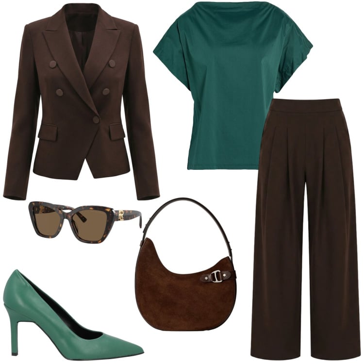 Outfit donna - Cena fuori. Stile Chic per Serata fuori. Abbinamento con top, décolleté, pantaloni a palazzo, blazer, occhiali da sole, borse a spalla.