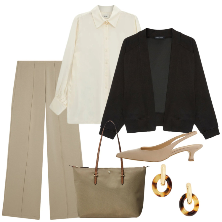 Outfit donna - Spring in Sale. Stile Chic per Tutti i giorni. Abbinamento con felpe, camicie, décolleté, pantaloni, borse tote, orecchini.