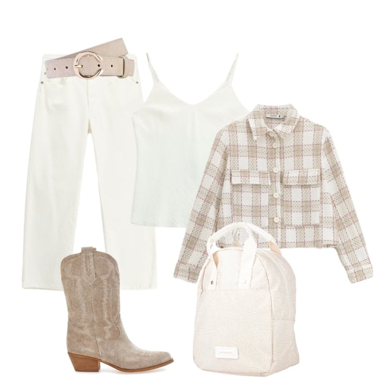 Outfit donna - Bianco e sabbia. Stile Glamour per Tutti i giorni. Abbinamento con zaini, cinture, canottiere, pantaloni, cappotti, stivaletti texani.