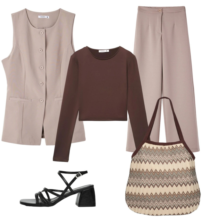 Outfit donna - Terranova Glam Events. Stile Minimal per Serata fuori. Abbinamento con pantaloni, t-shirt, borse tote, gilet, sandali col tacco.