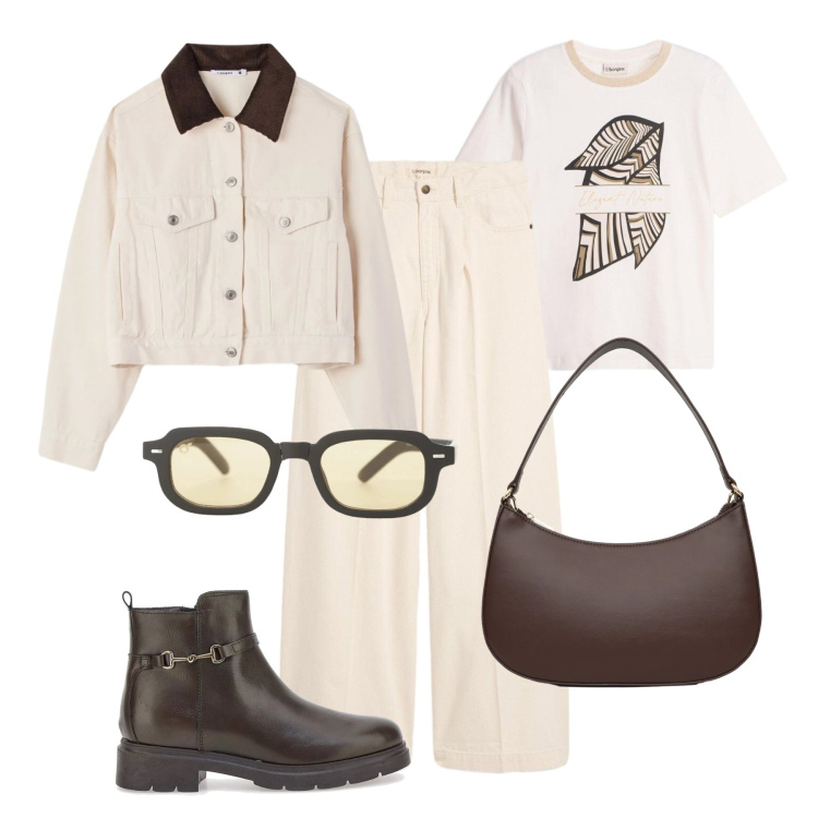 Outfit donna - Giornata all’università. Stile Casual per Scuola/Università. Abbinamento con jeans, t-shirt, occhiali da sole, stivaletti, blazer, borse a tracolla.