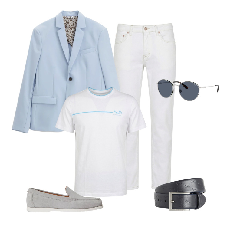 Outfit uomo - Total look #2377439. Stile Casual Abbinamento con giacche, jeans, cinture, t-shirt, occhiali da sole, scarpe stringate.