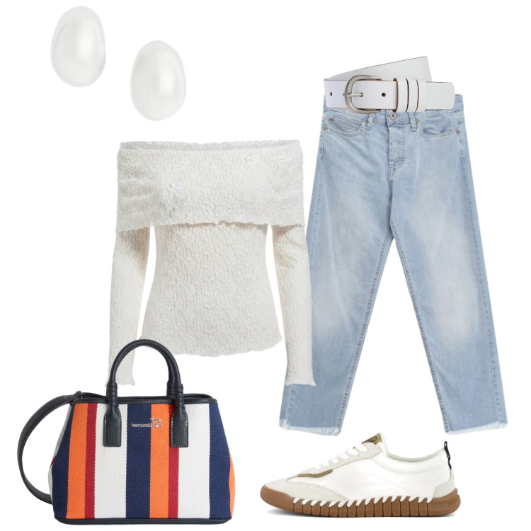 Outfit donna - Con le amiche. Stile Casual chic per Serata fuori. Abbinamento con cinture, bluse, jeans, shopping bag, orecchini, sneakers.