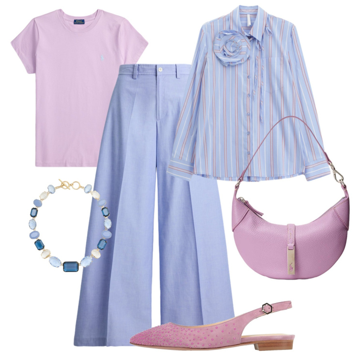 Outfit donna - Casual luxury. Stile Casual chic per Tutti i giorni. Abbinamento con ballerine, camicie, borse a spalla, pantaloni, collane, t-shirt.