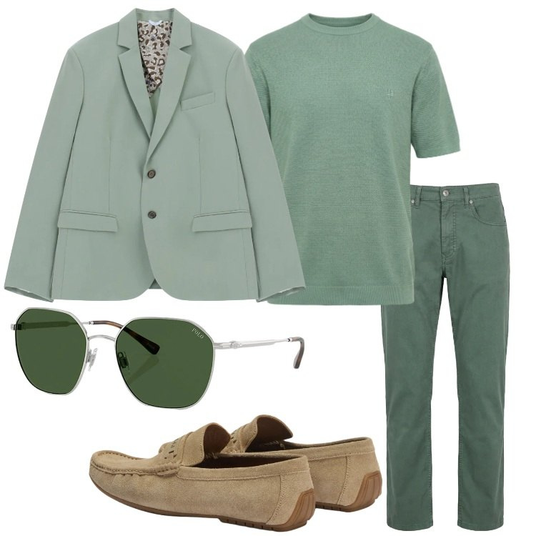 Outfit uomo - Giacca leggera di stagione. Stile Business/Elegante per Ufficio. Abbinamento con giacche, pantaloni, scarpe stringate, t-shirt, occhiali da sole.