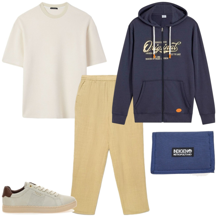 Outfit uomo - Indigeno metropolitano. Stile Casual per Tutti i giorni. Abbinamento con felpe con cappuccio, pantaloni, t-shirt, sneakers, portafogli.