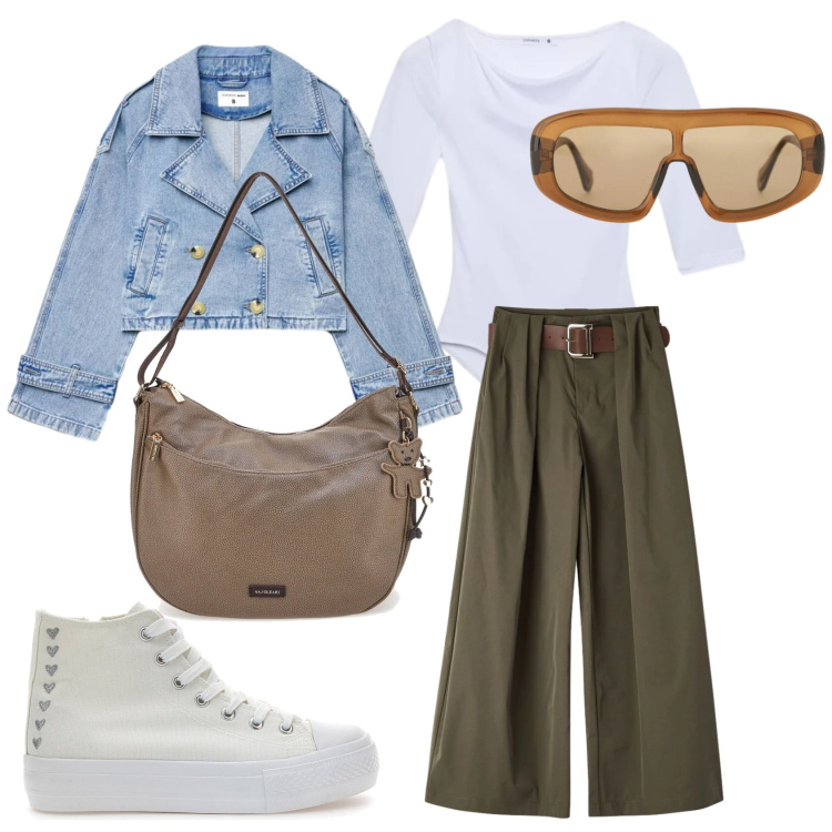 Outfit donna - Primavera a modo mio. Stile Casual per Tutti i giorni. Abbinamento con occhiali da sole, borse a spalla, caban, sneakers, t-shirt, pantaloni.
