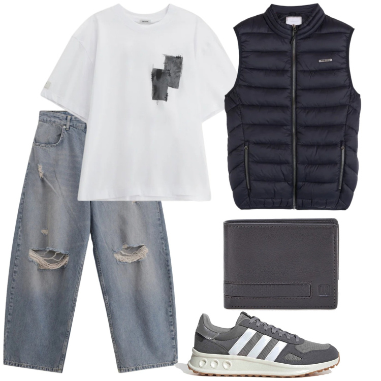 Outfit uomo - Young. Stile Urban per Tutti i giorni. Abbinamento con jeans strappati, t-shirt, piumini, sneakers, portafogli.