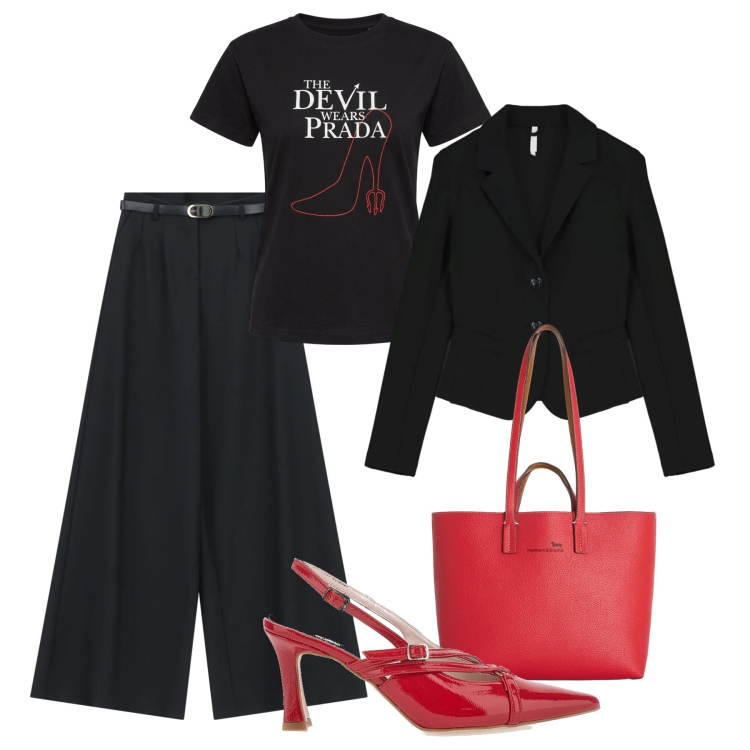 Outfit donna - “The Devil Wears” black !. Stile Casual chic per Tutti i giorni. Abbinamento con pantaloni a palazzo, blazer, t-shirt, shopping bag, décolleté.