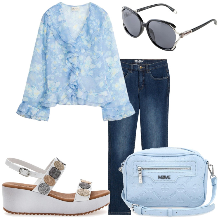 Outfit donna - Pranzo da amici. Stile Casual chic per Tutti i giorni. Abbinamento con bluse, jeans dritti, occhiali da sole, sandali, borse a tracolla.