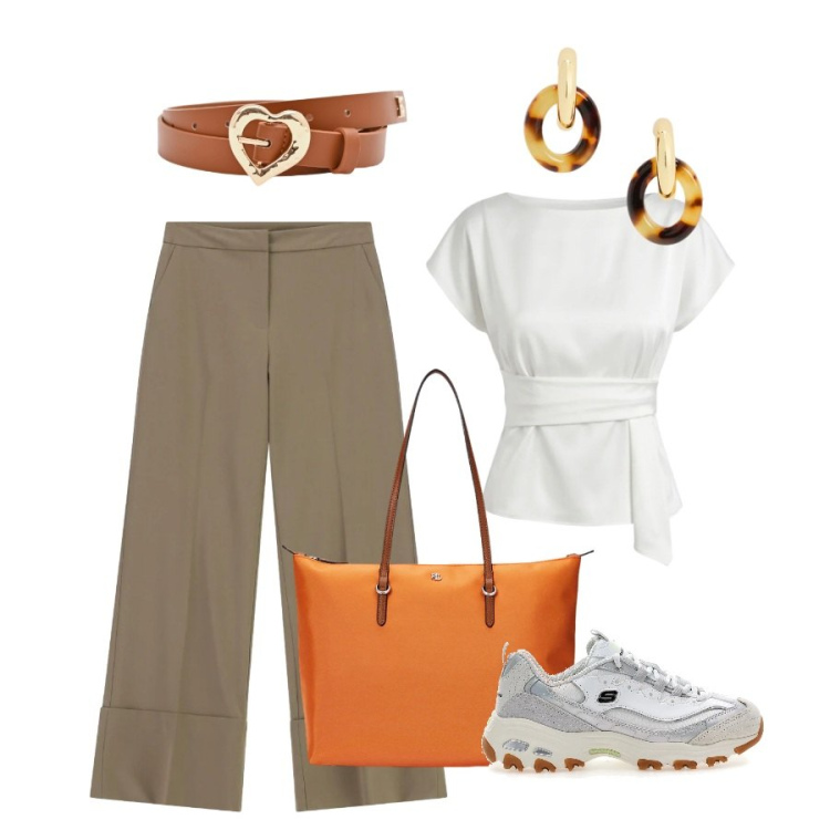 Outfit donna - Total look #2377459. Abbinamento con pantaloni a palazzo, bluse, cinture, borse tote, orecchini, sneakers.