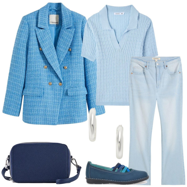 Outfit donna - In città. Stile Casual chic per Tutti i giorni. Abbinamento con jeans bootcut, blazer, borse a tracolla, polo, orecchini, ballerine.