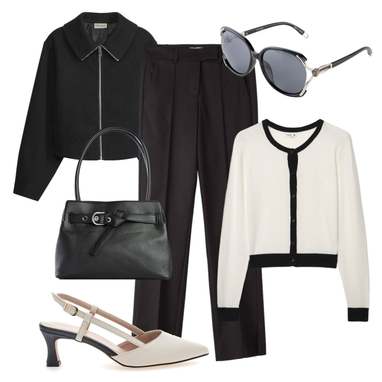 Outfit donna - Total look ufficio. Stile Glamour per Ufficio. Abbinamento con borse a mano, cappotti, occhiali da sole, pantaloni, cardigans, décolleté.