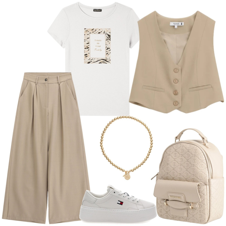 Outfit donna - Beautiful girl. Stile Casual chic per Tutti i giorni. Abbinamento con zaini, gilet, pantaloni a palazzo, t-shirt, collane, sneakers.
