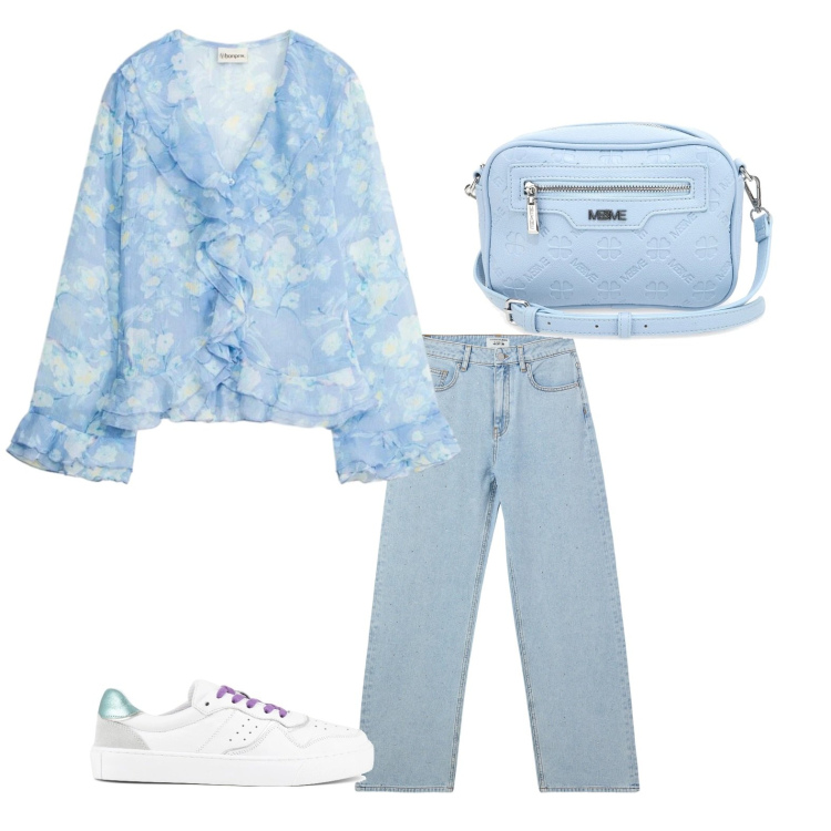 Outfit donna - Cielo. Stile Casual per Tutti i giorni. Abbinamento con bluse, jeans, sneakers, borse a tracolla.