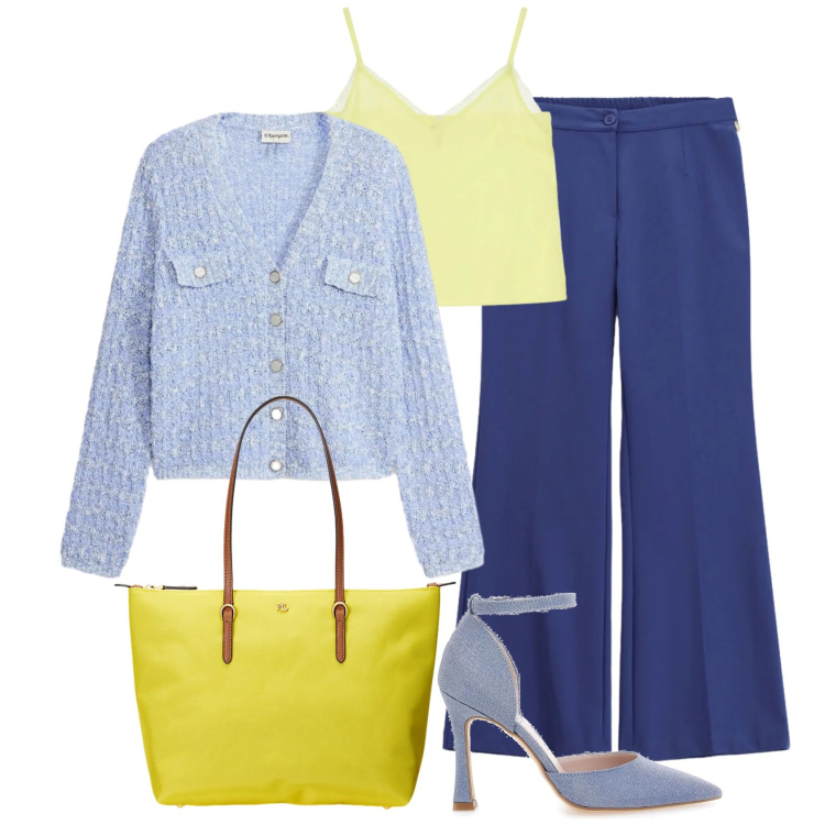 Outfit donna - Colori che illuminano - Curvy style. Stile Chic per Tutti i giorni. Abbinamento con cardigans, pantaloni a palazzo, canottiere, borse tote, décolleté.