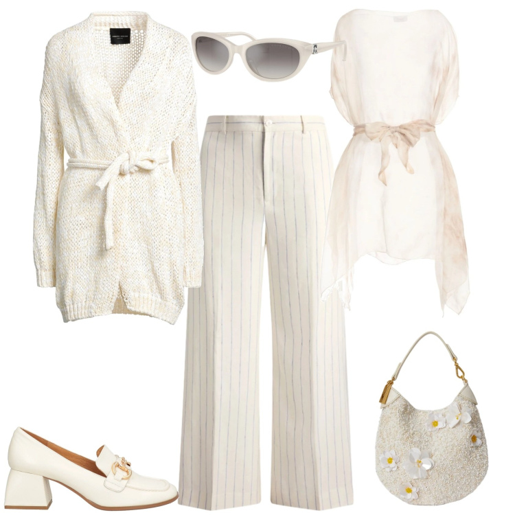 Outfit donna - Casual chic in bianco. Stile Casual chic per Tutti i giorni. Abbinamento con cardigans, mocassini, top, pochette, occhiali da sole, pantaloni.