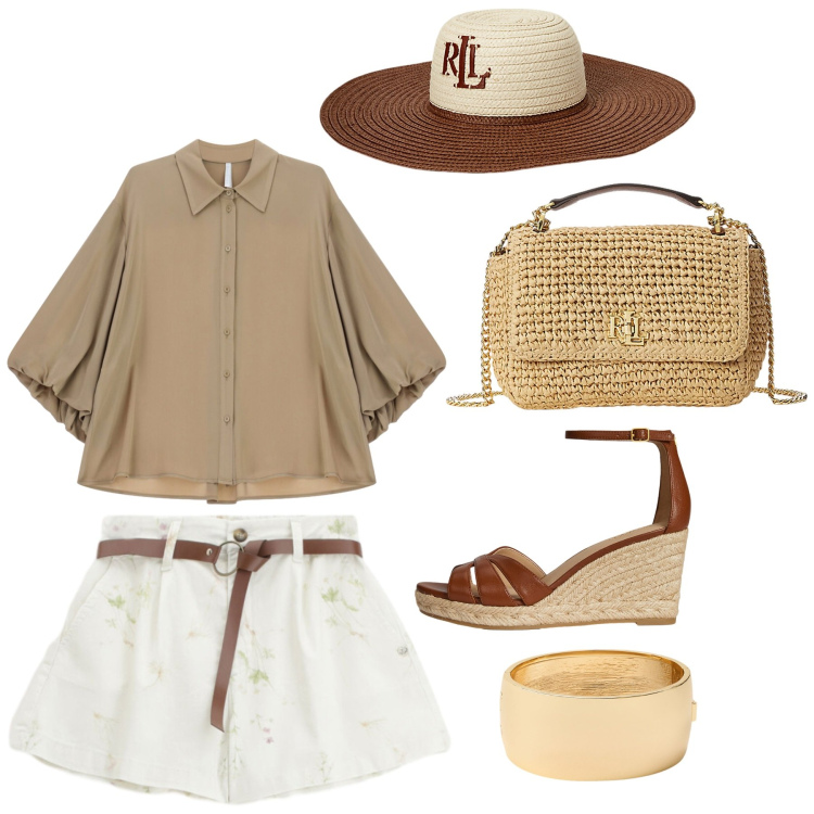 Outfit donna - Ape in spiaggia. Stile Trendy per Mare. Abbinamento con shorts, camicie, borse a spalla, braccialetti, cappelli, zeppe.