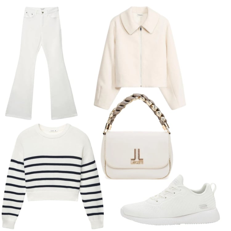Outfit donna - Total look #2377472. Stile Casual chic per Ufficio. Abbinamento con sneakers, blazer, jeans a zampa, maglieria, borse a tracolla.