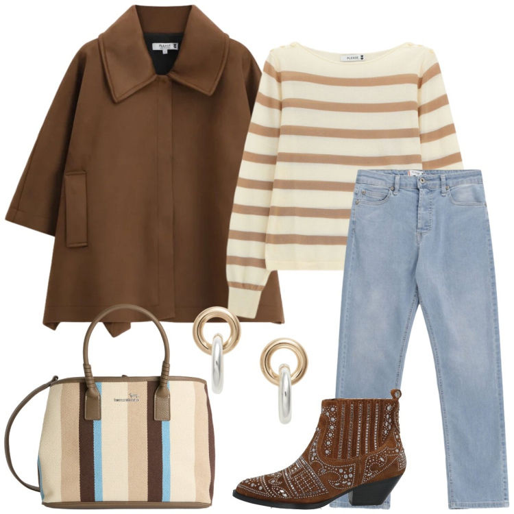 Outfit donna - Università. Stile Casual per Scuola/Università. Abbinamento con stivaletti, cappotti, jeans, maglieria, shopping bag, orecchini.