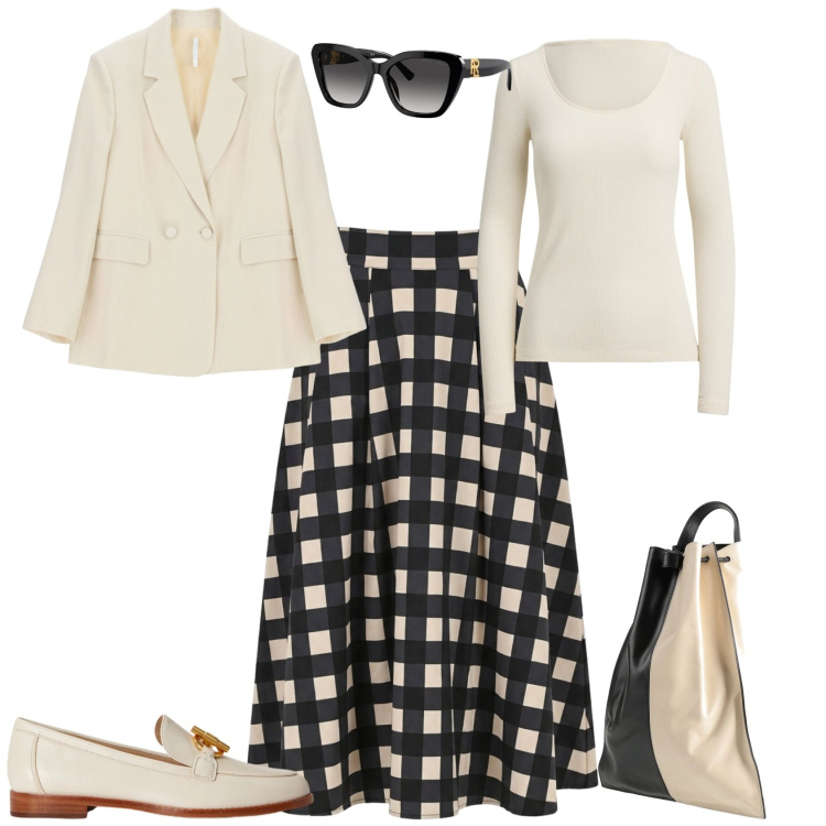 Outfit donna - Casual chic ogni giorno. Stile Casual chic per Tutti i giorni. Abbinamento con zaini, blazer, gonne longuette, t-shirt, occhiali da sole, mocassini.