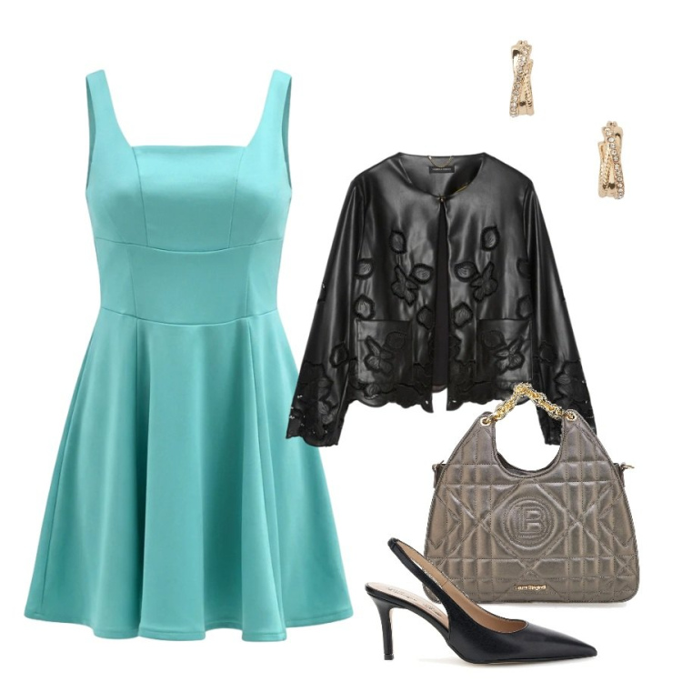Outfit donna - Menta style. Stile Casual chic per Serata fuori. Abbinamento con blazer, vestiti corti, orecchini, décolleté, borse a mano.