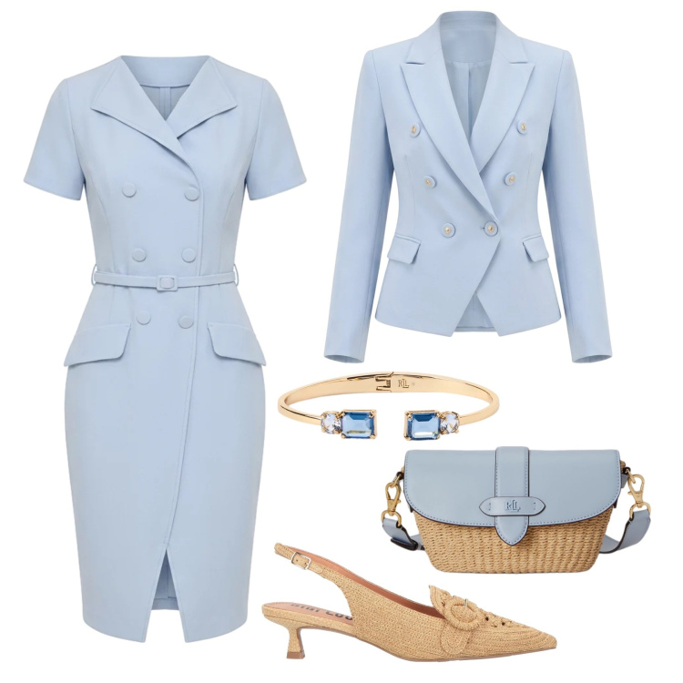 Outfit donna - Eleganza azzurro cielo. Stile Chic per Cerimonia. Abbinamento con décolleté, vestiti midi/longuette, blazer, borse a spalla, braccialetti.