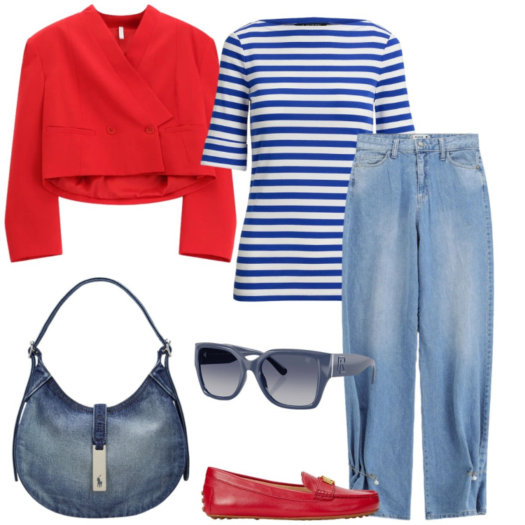 Outfit donna - Righe. Stile Casual per Tutti i giorni. Abbinamento con jeans, blazer, mocassini, borse a spalla, occhiali da sole, t-shirt.