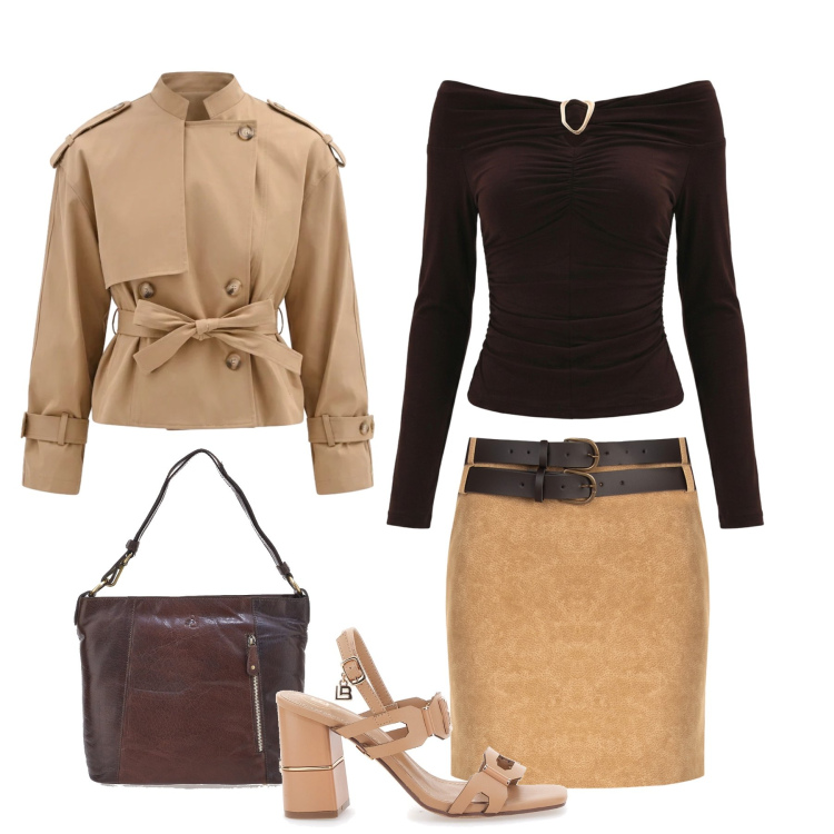 Outfit donna - Aperitivo Rinascimento. Stile Casual chic per Tutti i giorni. Abbinamento con minigonne, caban, bluse, sandali col tacco, borse a spalla.