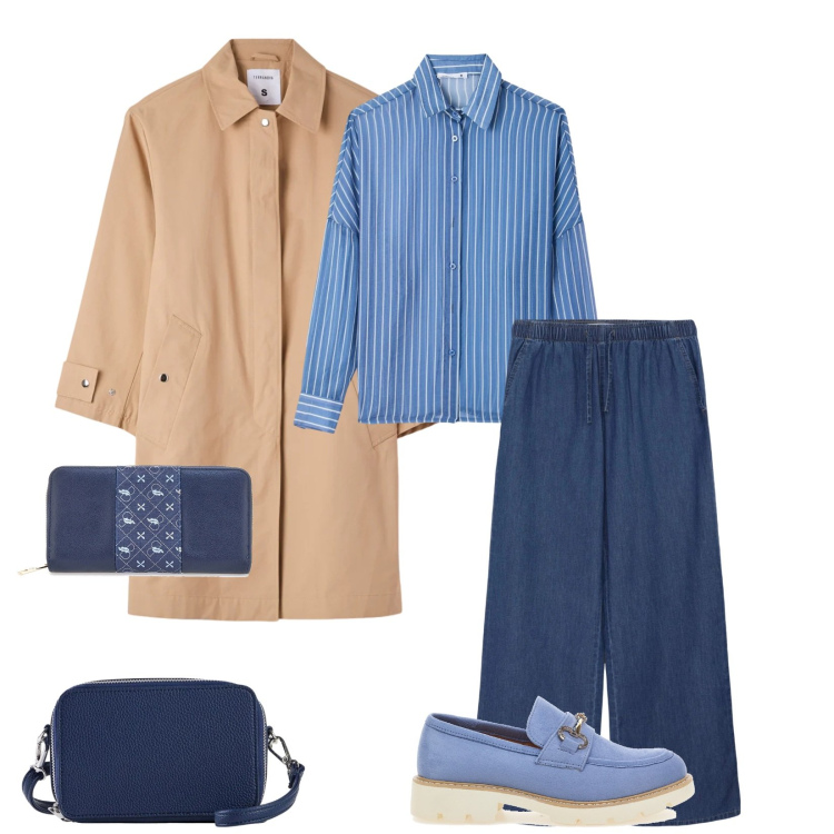 Outfit donna - Total look #2377484. Stile Urban per Tutti i giorni. Abbinamento con borse a tracolla, jeans, trench, camicie, mocassini, portafogli.