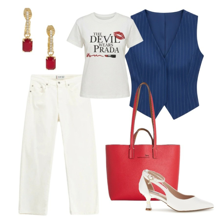 Outfit donna - Devil style. Stile Casual chic per Serata fuori. Abbinamento con t-shirt, gilet, pantaloni, shopping bag, orecchini, décolleté.