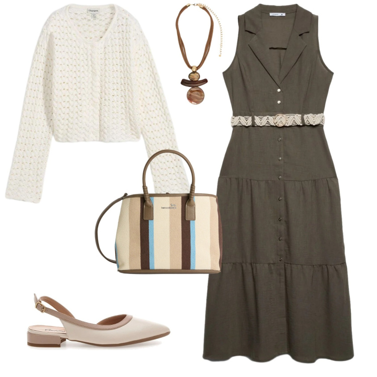 Outfit donna - Casual ogni giorno. Stile Casual per Tutti i giorni. Abbinamento con cardigans, vestiti chemisier, ciondoli, shopping bag, ballerine.