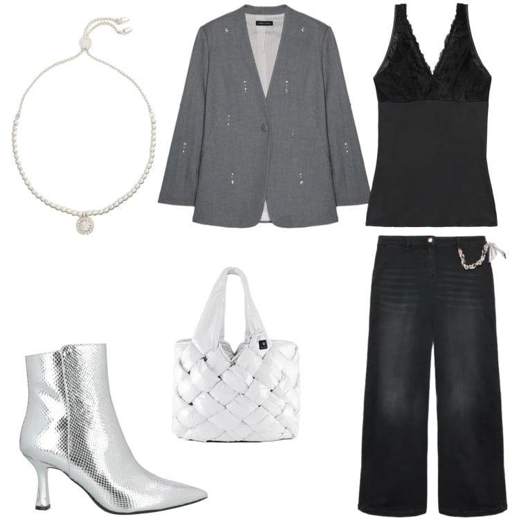 Outfit donna - Tra il grigio e il nero. Stile Basic per Tutti i giorni. Abbinamento con stivaletti, top, blazer, jeans, borse tote, braccialetti.
