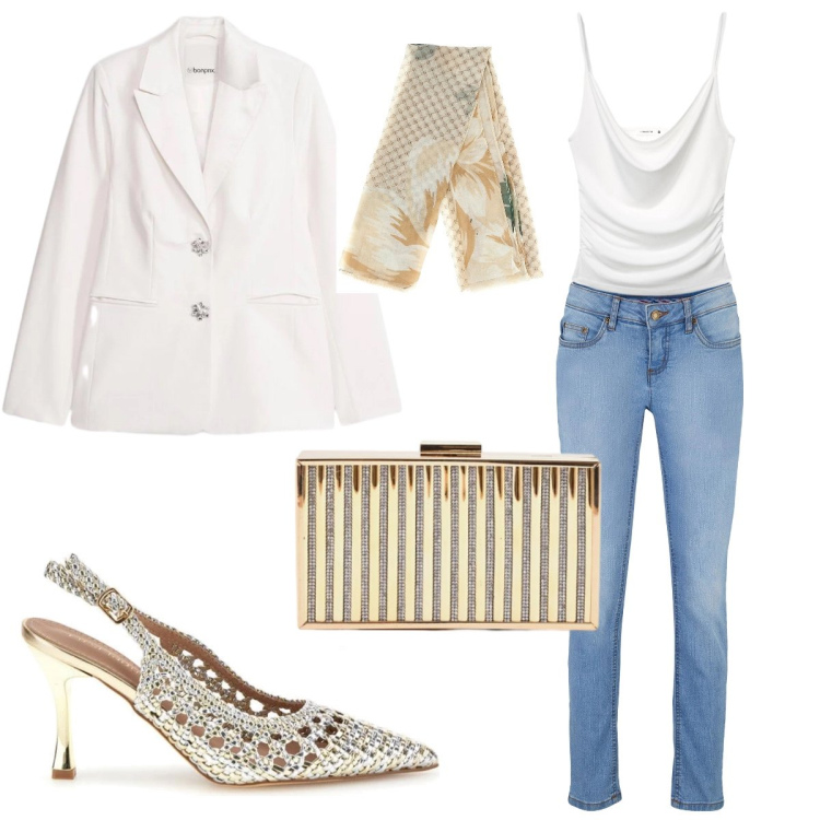 Outfit donna - Cloud&gold. Stile Casual chic per Serata fuori. Abbinamento con blazer, jeans skinny, canottiere, clutch, décolleté, foulard.