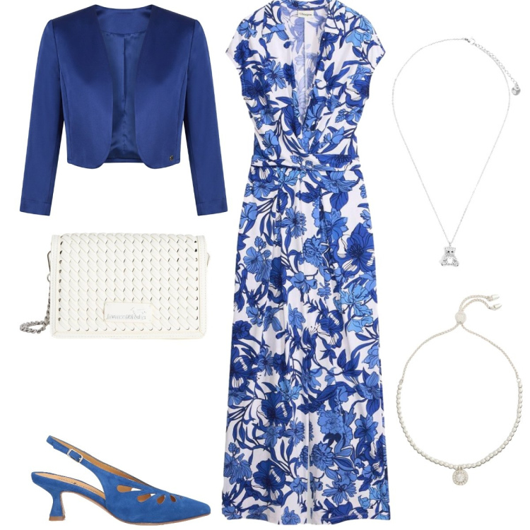 Outfit donna - Cerimonia. Stile Chic per Cerimonia. Abbinamento con décolleté, tute, bolero, borse a tracolla, ciondoli, braccialetti.